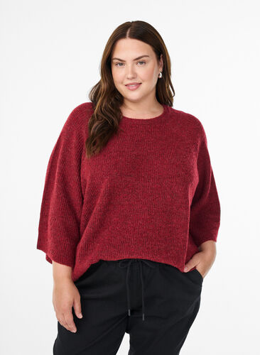 Zizzi Ribbestrikket genser med 3/4 ermer, Rød, Model image number 0
