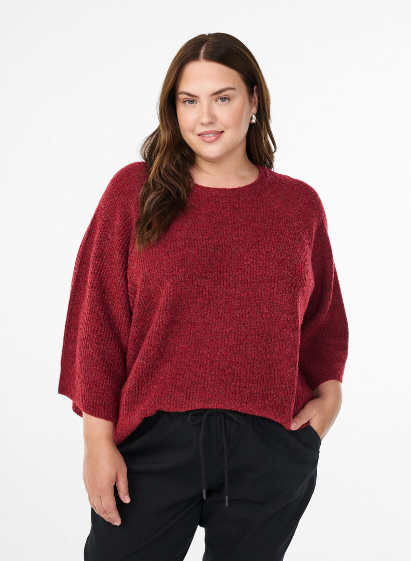 Ribbestrikket genser med 3/4 ermer, Rød, Model image number 0