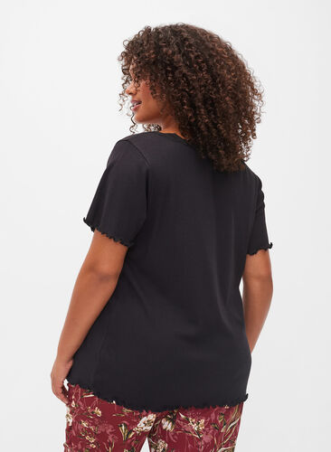 Kortermet pysjamasgenser med blondekant, Black, Model image number 1