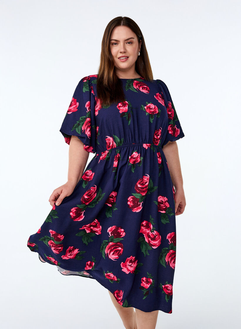 Midikjole med rosetrykk og korte ballongermer, Bl&aring;, Model image number 0