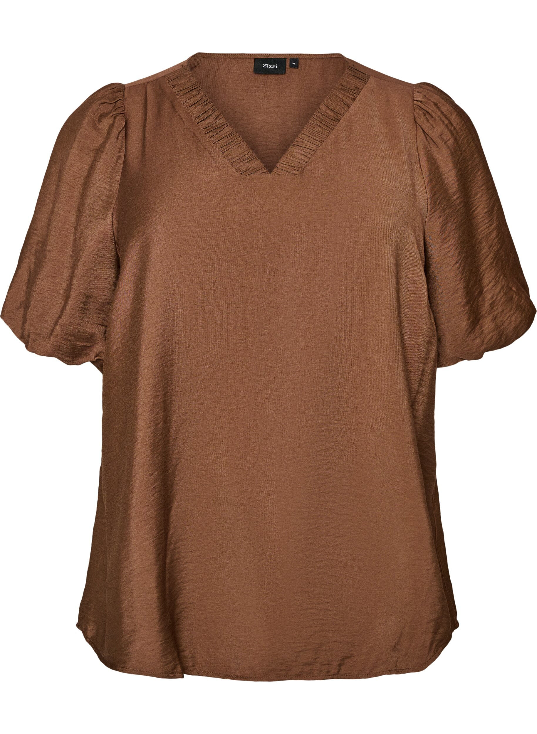 ZizziBluse med ballongermer og V-hals, Brun, Packshot image number 0