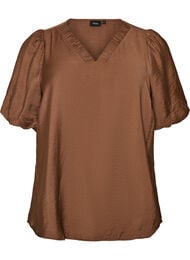 Bluse med ballongermer og V-hals, Brun