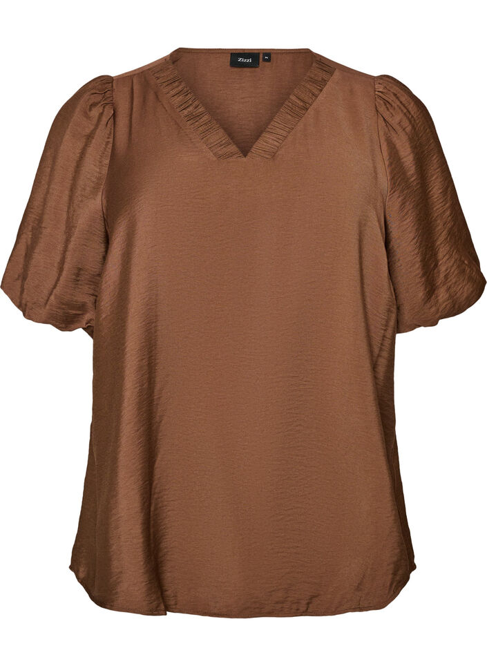 Bluse med ballongermer og V-hals, Brun, Packshot image number 0