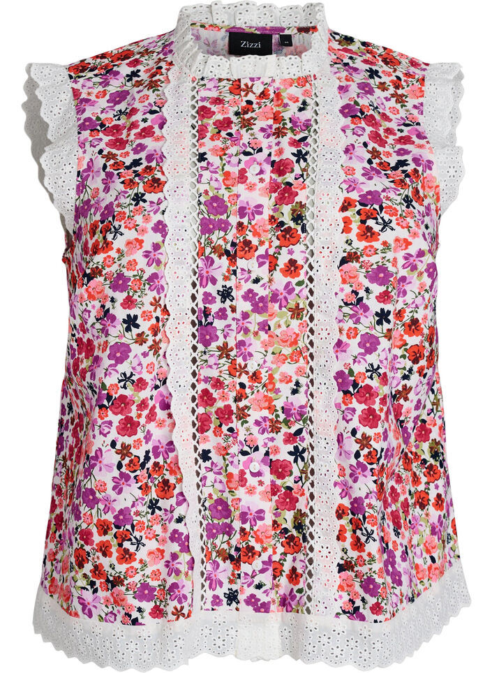 Ermel&oslash;s bomullsbluse med blomstertrykk og broderie anglaise, Rosa, Packshot image number 0