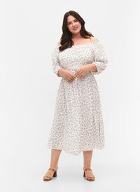 Blomstrete off-shoulder midi kjole i viskose, White Purple Flower, Model