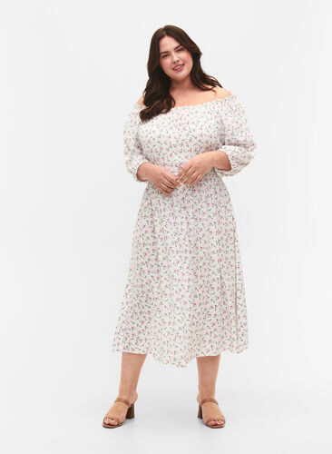 Blomstrete off-shoulder midi kjole i viskose, White Purple Flower, Model image number 0
