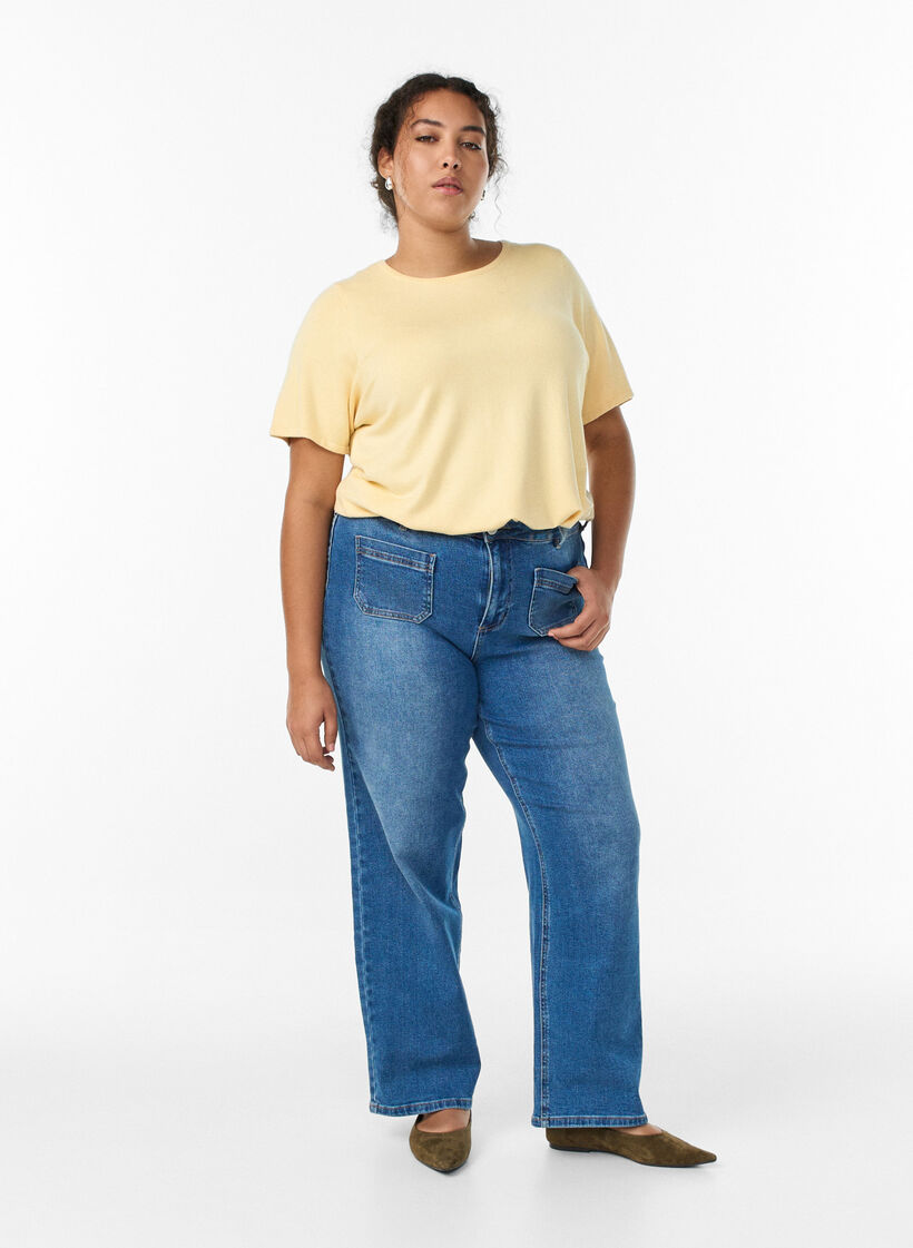 Kortermet strikkebluse i viskose, Gul, Model image number 1