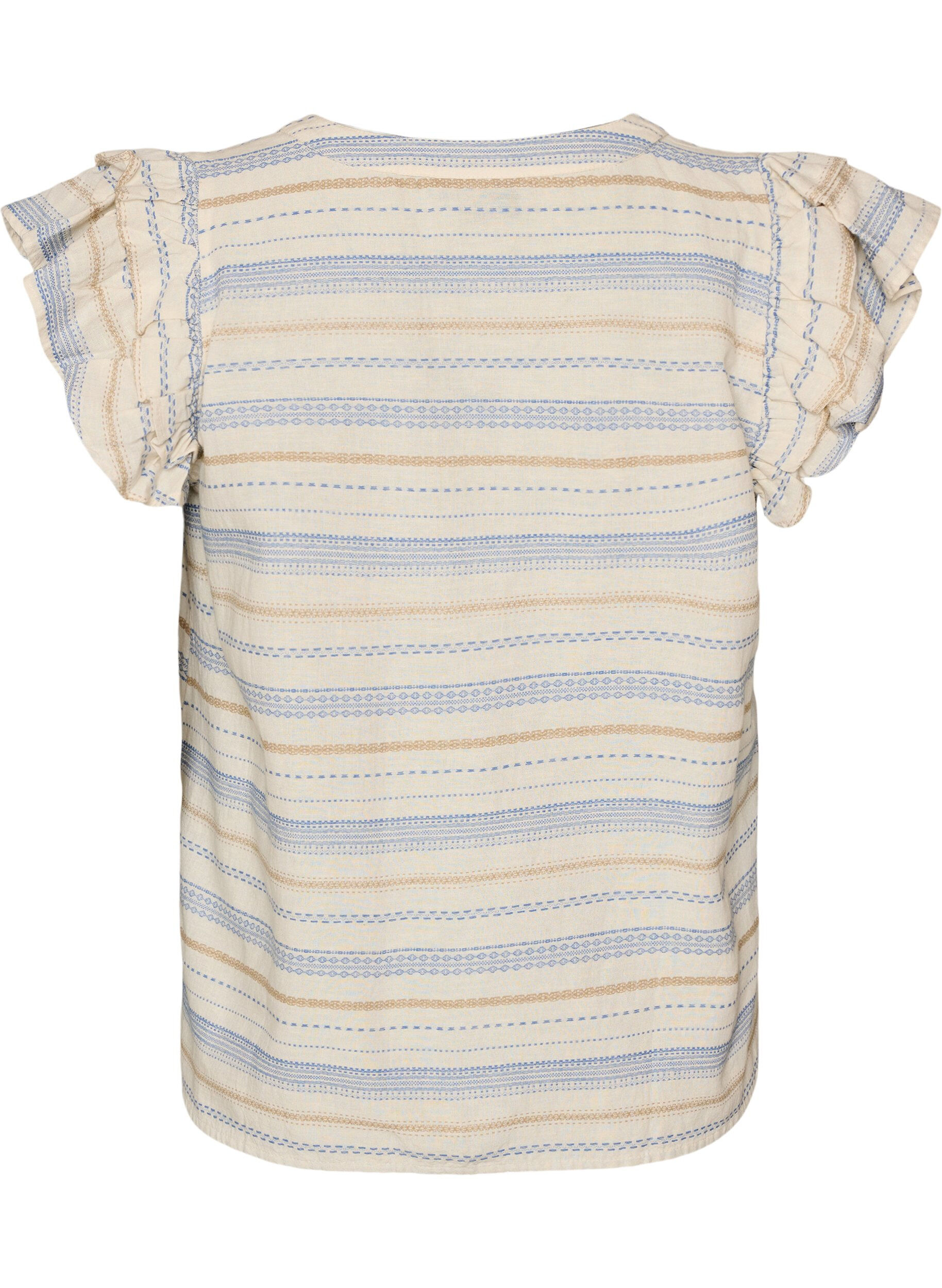 ZizziErmel&oslash;s bluse med volanger og m&oslash;nstrede striper, Vanilje, Packshot image number 1