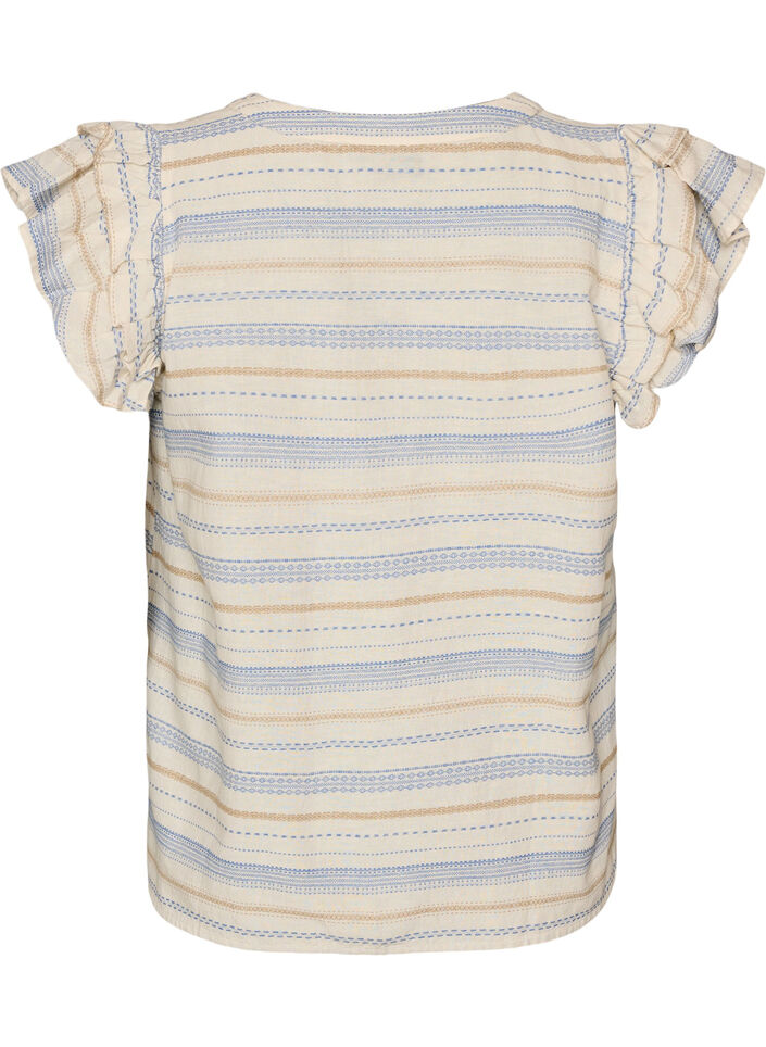 Ermel&oslash;s bluse med volanger og m&oslash;nstrede striper, Vanilje, Packshot image number 1