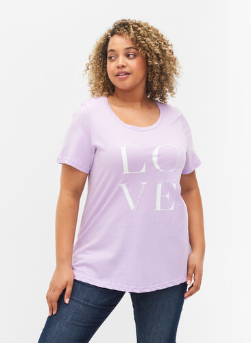 Kortermet T-skjorte i bomull med trykk, Lavendula LOVE, Model image number 0