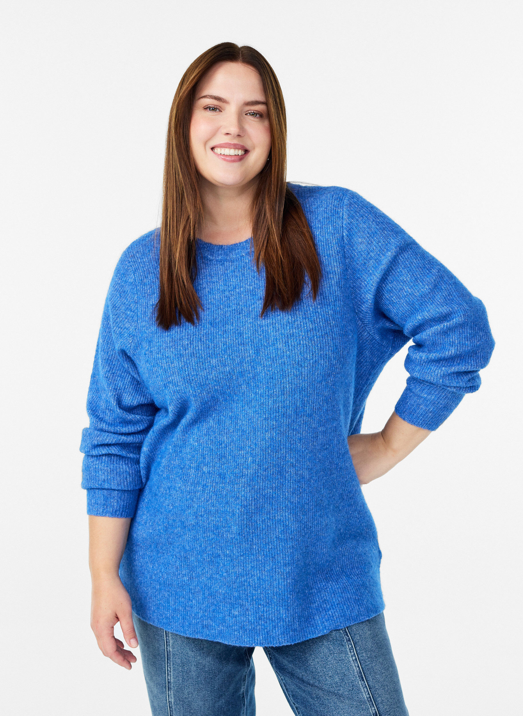 Melert strikkebluse med rund hals, Bl&aring;, Model