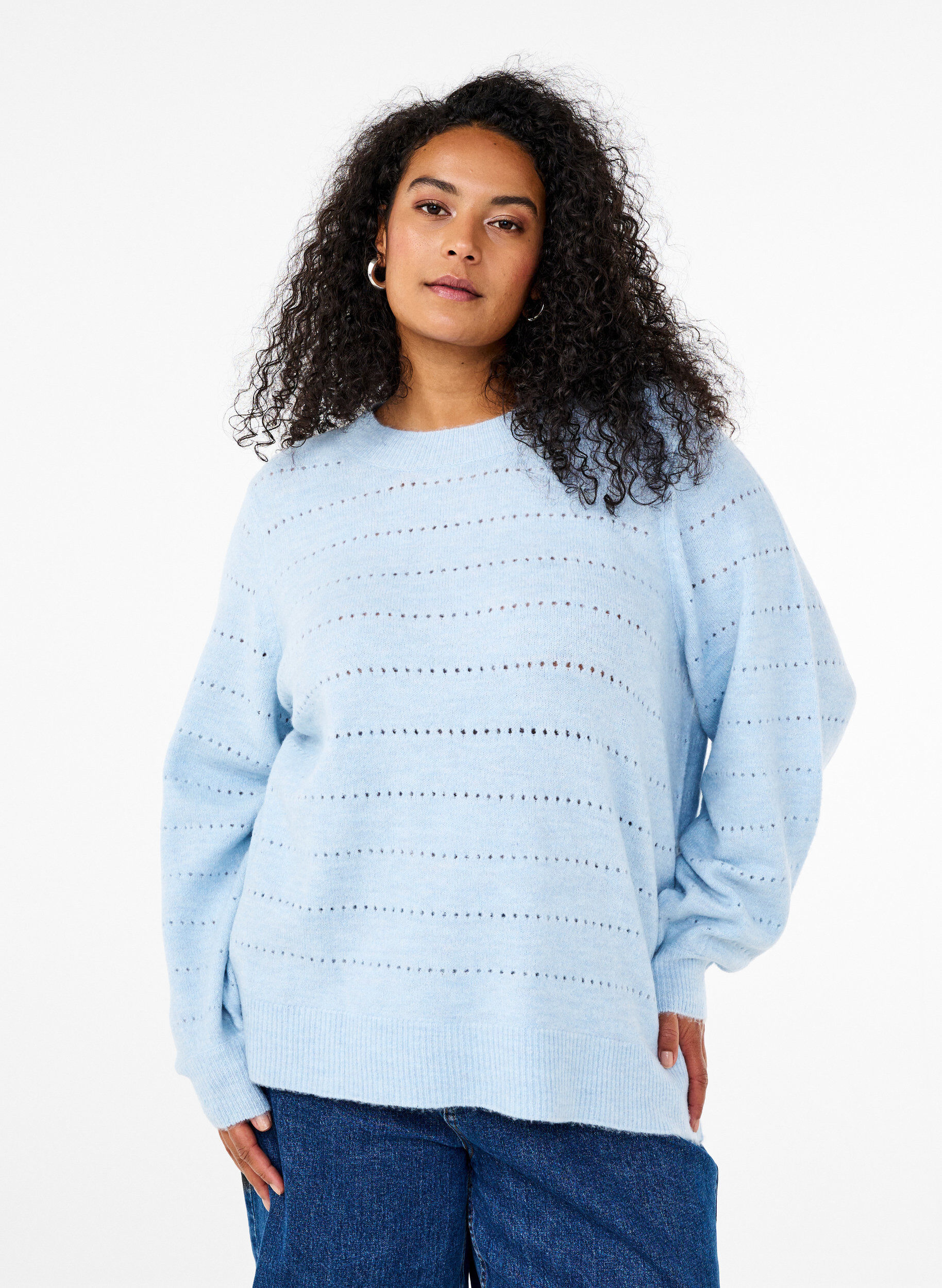 Zizzi Strikket bluse med rund hals og hulm&oslash;nster, Cashmere Blue Mel., Model image number 0