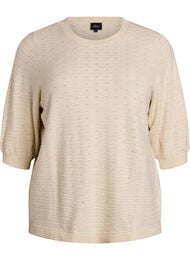 Strikkebluse med teksturert m&oslash;nster og korte ermer, Beige
