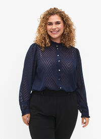 Skjortebluse med volanger og mønstret tekstur, Navy Blazer, Model