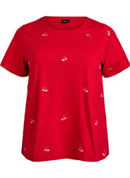 T-skjorte i økologisk bomull med broderte motiv, Salsa w. Cherries