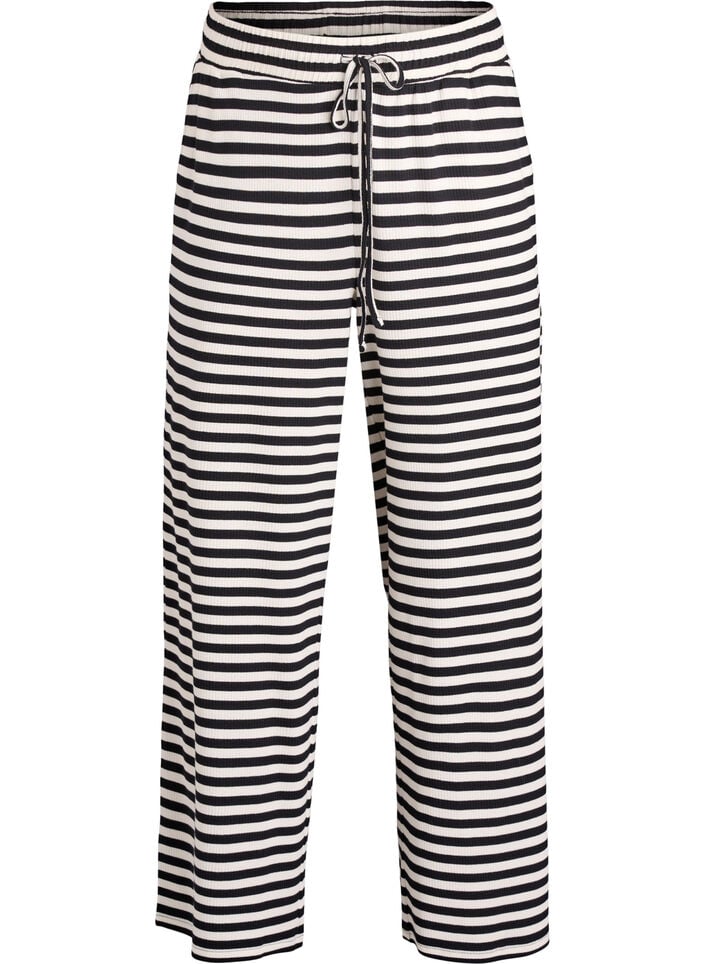 Stripete pyjamasbukser med høy midje og vide ben, Svart, Packshot image number 0
