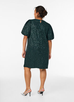 Zizzi Kort paljettkjole med puffede ermer, Grønn, Model image number 2