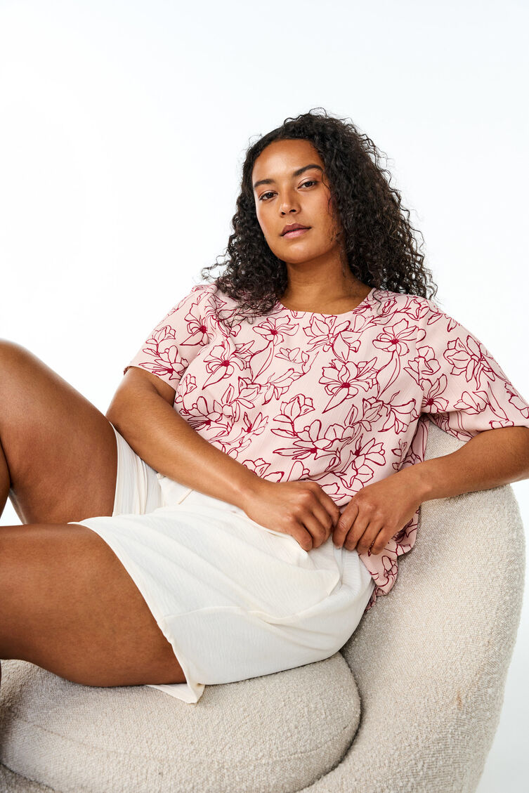 Kortermet bluse med rund hals, Rosa, Image image number 0