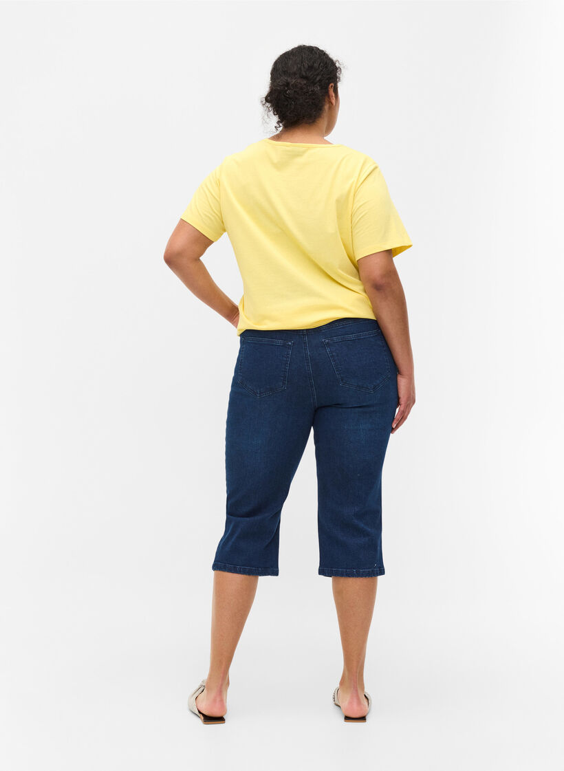 Tettsittende capribukser i denim og bomull, Dark blue denim, Model image number 1