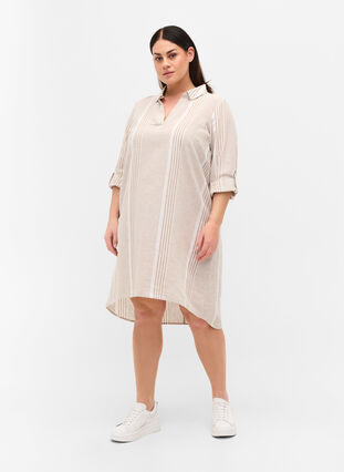 Stripet kjole i bomull og lin, White Taupe Stripe, Model image number 2