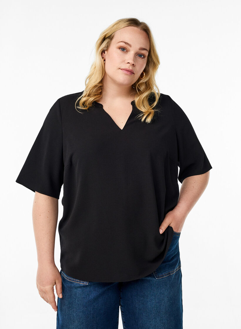 Kortermet bluse med V-hals, Svart, Model image number 0