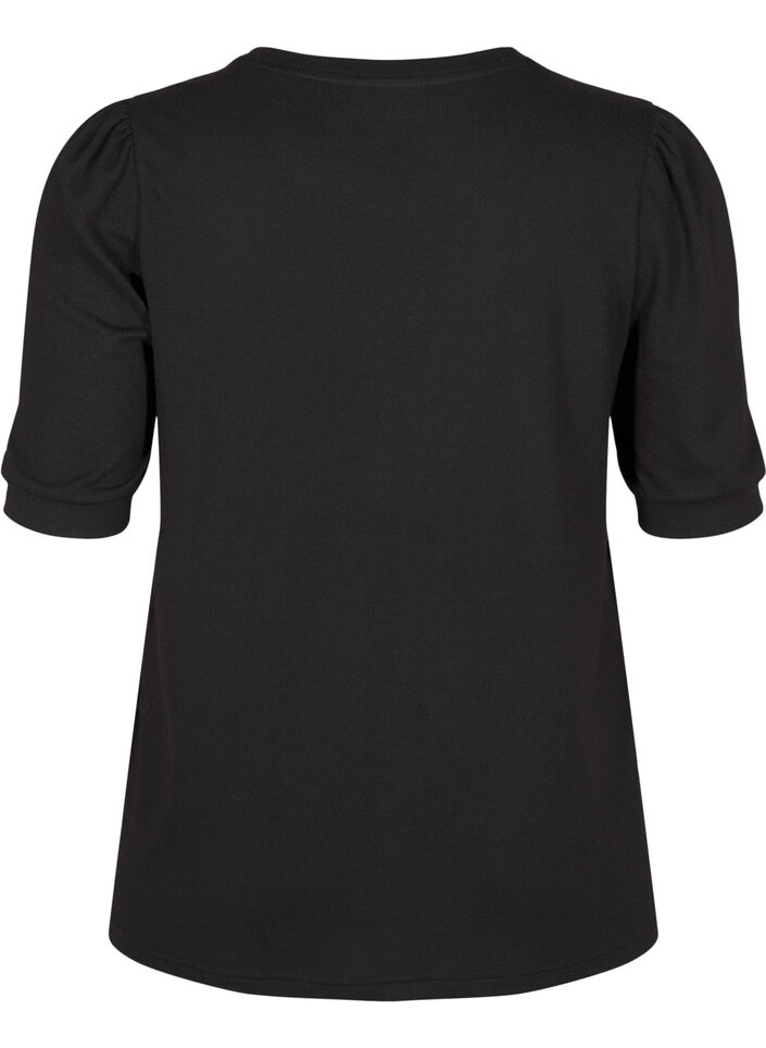 Bluse med knappedetaljer og korte puffermer, Svart, Packshot image number 1