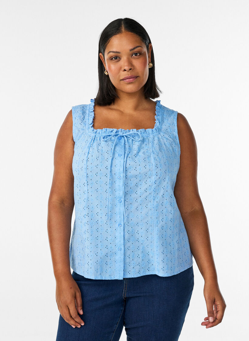 Ermel&oslash;s bluse med broderi anglaise og volanger, Bl&aring;, Model image number 0