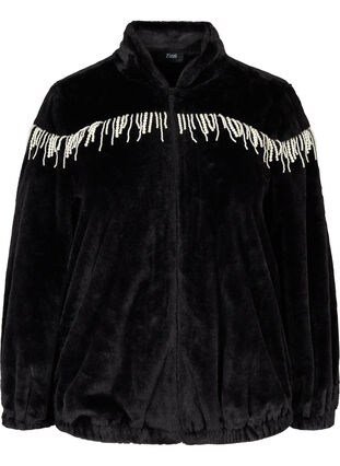 Kort jakke med imitert pels med dekorative perler, Black, Packshot image number 0