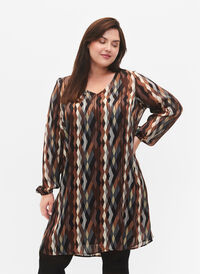 Langarmet kjole med V-hals og trykk, Earthy Zig Zag, Model