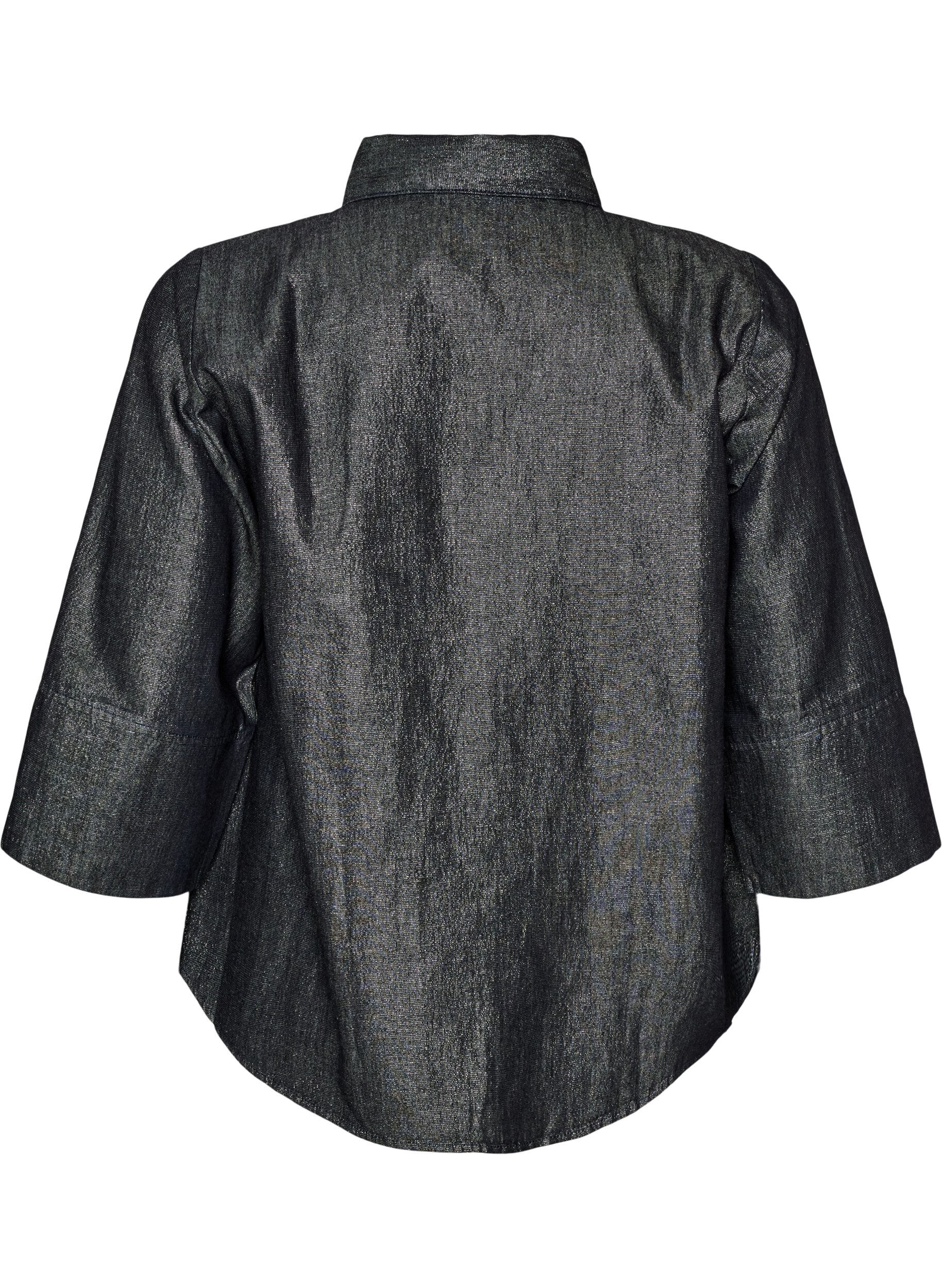 ZizziDenimskjorte med glittertr&aring;d og 3/4 ermer, Gr&aring;, Packshot image number 1