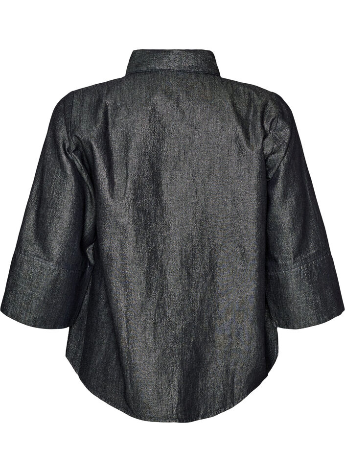 Denimskjorte med glittertr&aring;d og 3/4 ermer, Gr&aring;, Packshot image number 1