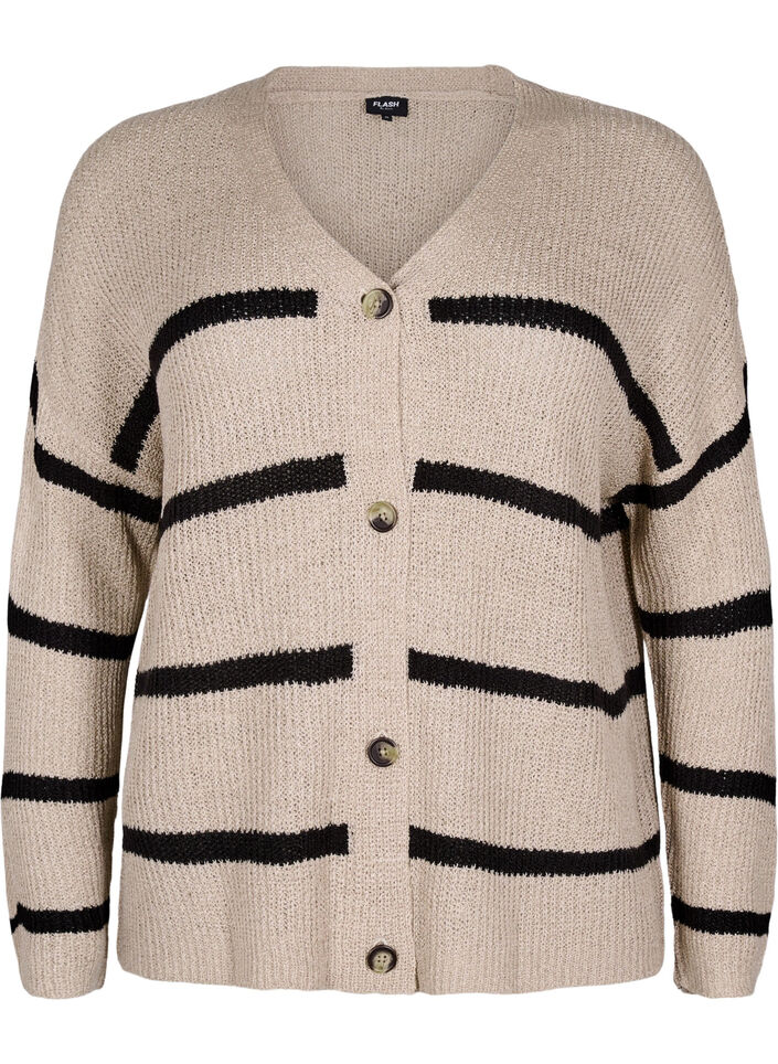 FLASH - Strikket cardigan med striper og knapper, Natural w. Black, Packshot