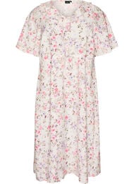 Midikjole i viskose med blomstertrykk og volangkrage, Vanilje