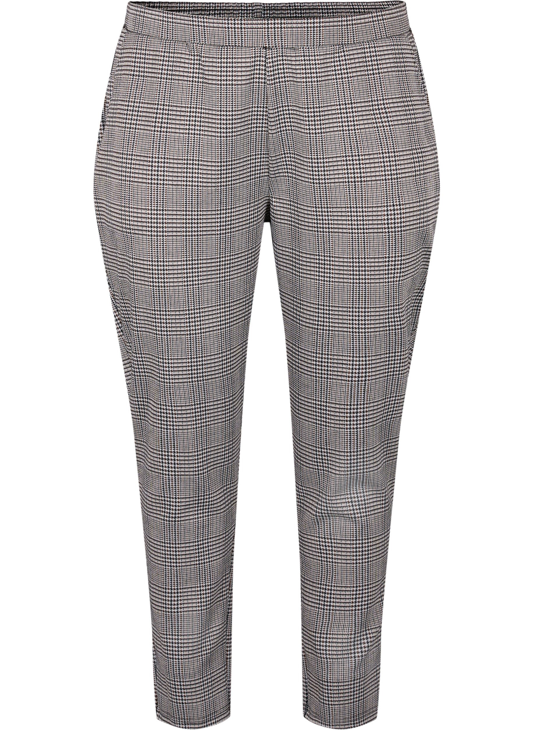 Zizzi Cropped Maddison bukser med rutete m&oslash;nster, Beige Brown Check, Packshot image number 0