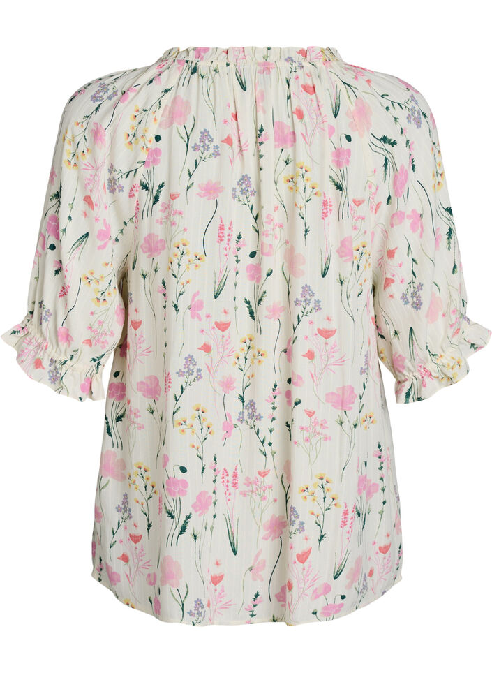 Blomstret viskosebluse med halvlange ermer, Vanilje, Packshot image number 1