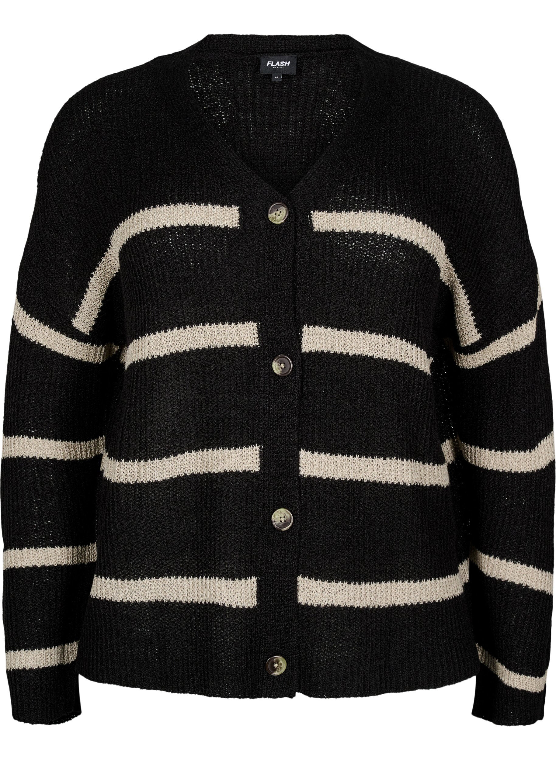 Zizzi FLASH - Strikket cardigan med striper og knapper, Svart, Packshot image number 0