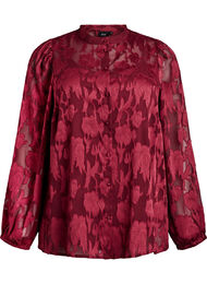 Bluse med knapper og blomstertrykk, Mørk Bordeaux