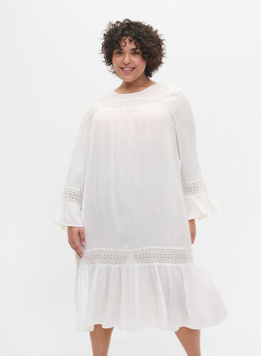 Viskosekjole med blondedetaljer, Off White, Model image number 0