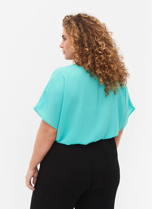 Bluse med korte ermer og rund hals, Turquoise, Model image number 1