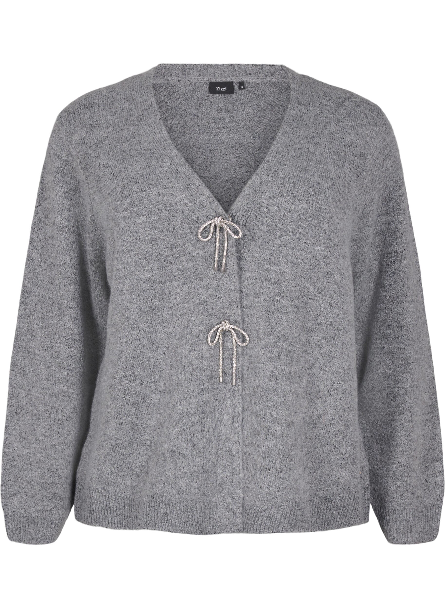 Zizzi Strikket cardigan med s&oslash;lvfarget sl&oslash;yfe, Medium Grey Melange, Packshot image number 0