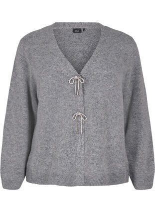 Zizzi Strikket cardigan med sølvfarget sløyfe, Medium Grey Melange, Packshot image number 0