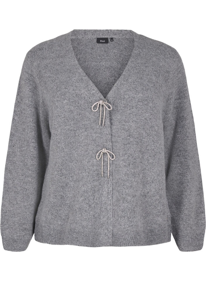 Strikket cardigan med sølvfarget sløyfe, Medium Grey Melange, Packshot image number 0