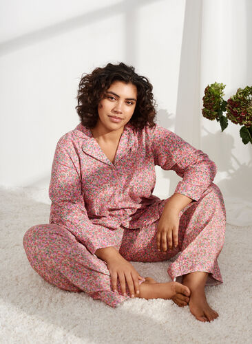 Pysjamasskjorte i bomull med blomstermønster, Powder Pink, Image image number 0