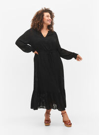Langarmet midi-kjole i jacquard-utseende, Black, Model