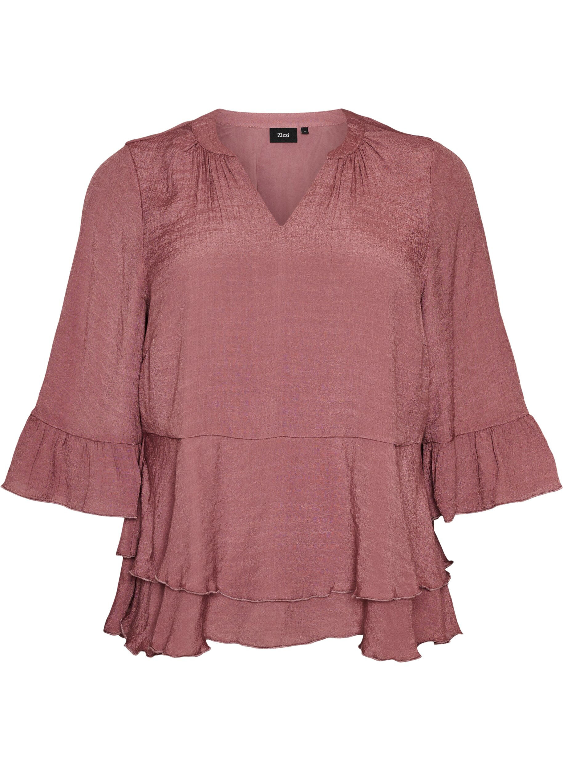Bluse med 3/4-ermer og volangdetaljer