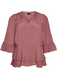Bluse med 3/4-ermer og volangdetaljer, Rosa