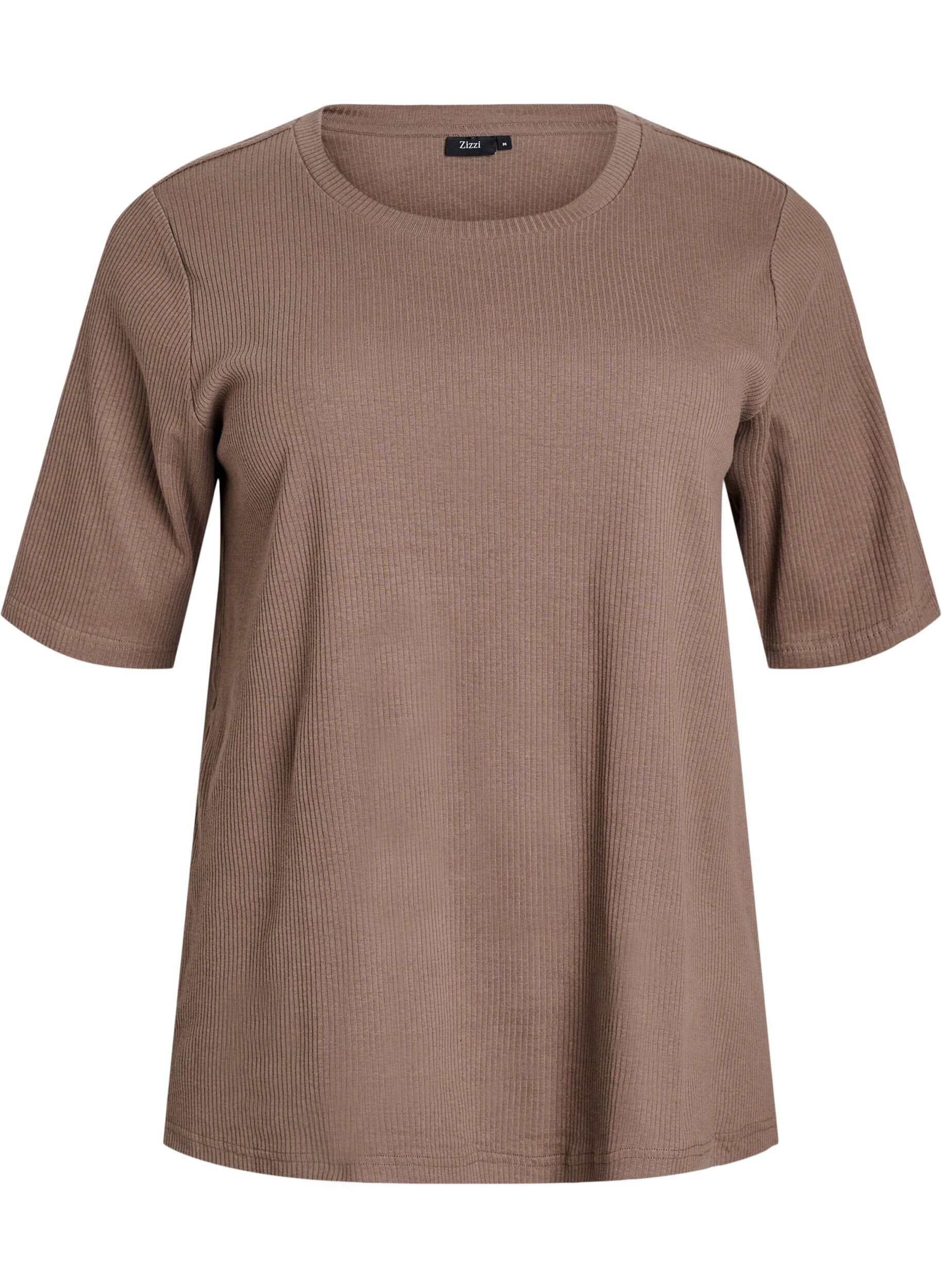 ZizziRibbestrikket jerseybluse med korte ermer, Brun, Packshot image number 0
