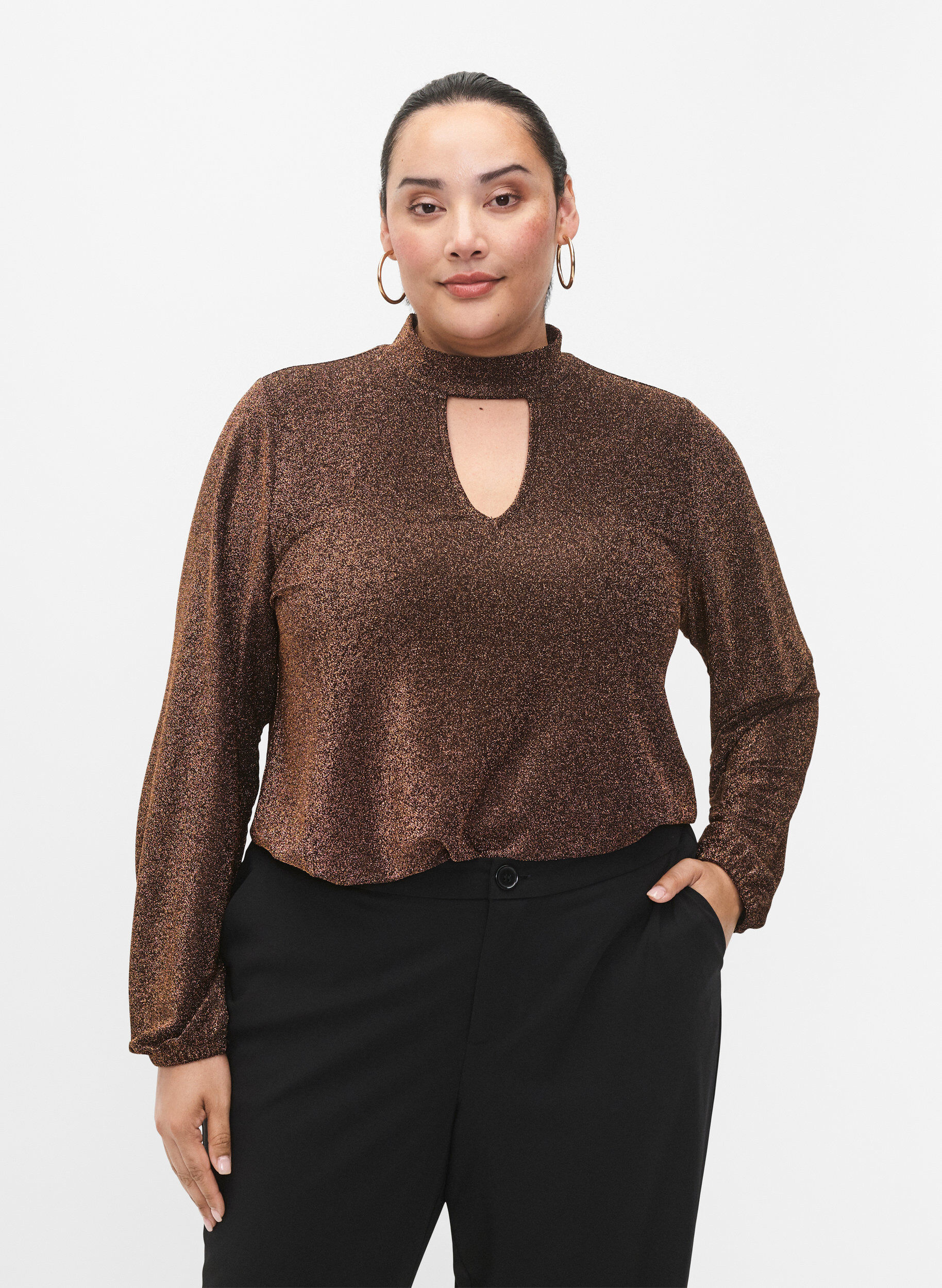 ZizziLangermet bluse med glitter, rund hals og V-detalj, Black Copper, Model image number 0