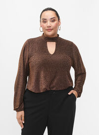 Langermet bluse med glitter, rund hals og V-detalj, Black Copper, Model