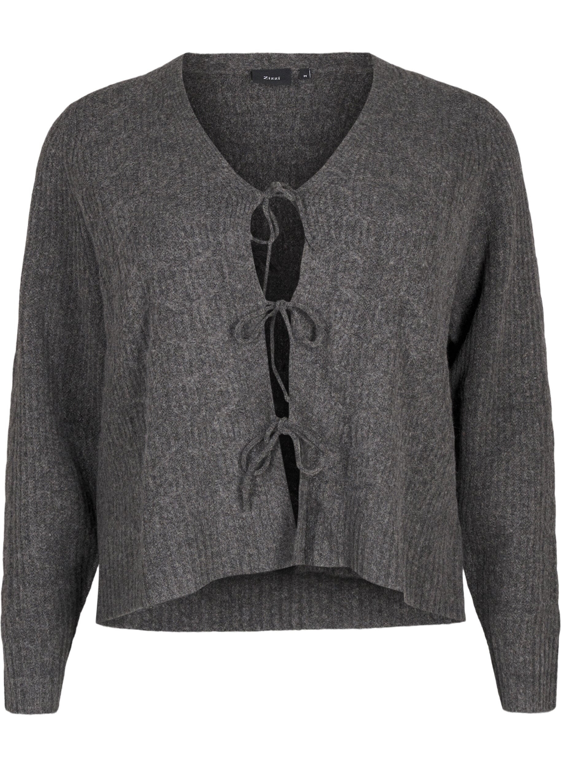 Zizzi Strikket cardigan med knytedetaljer, Dark Grey Melange, Packshot image number 0